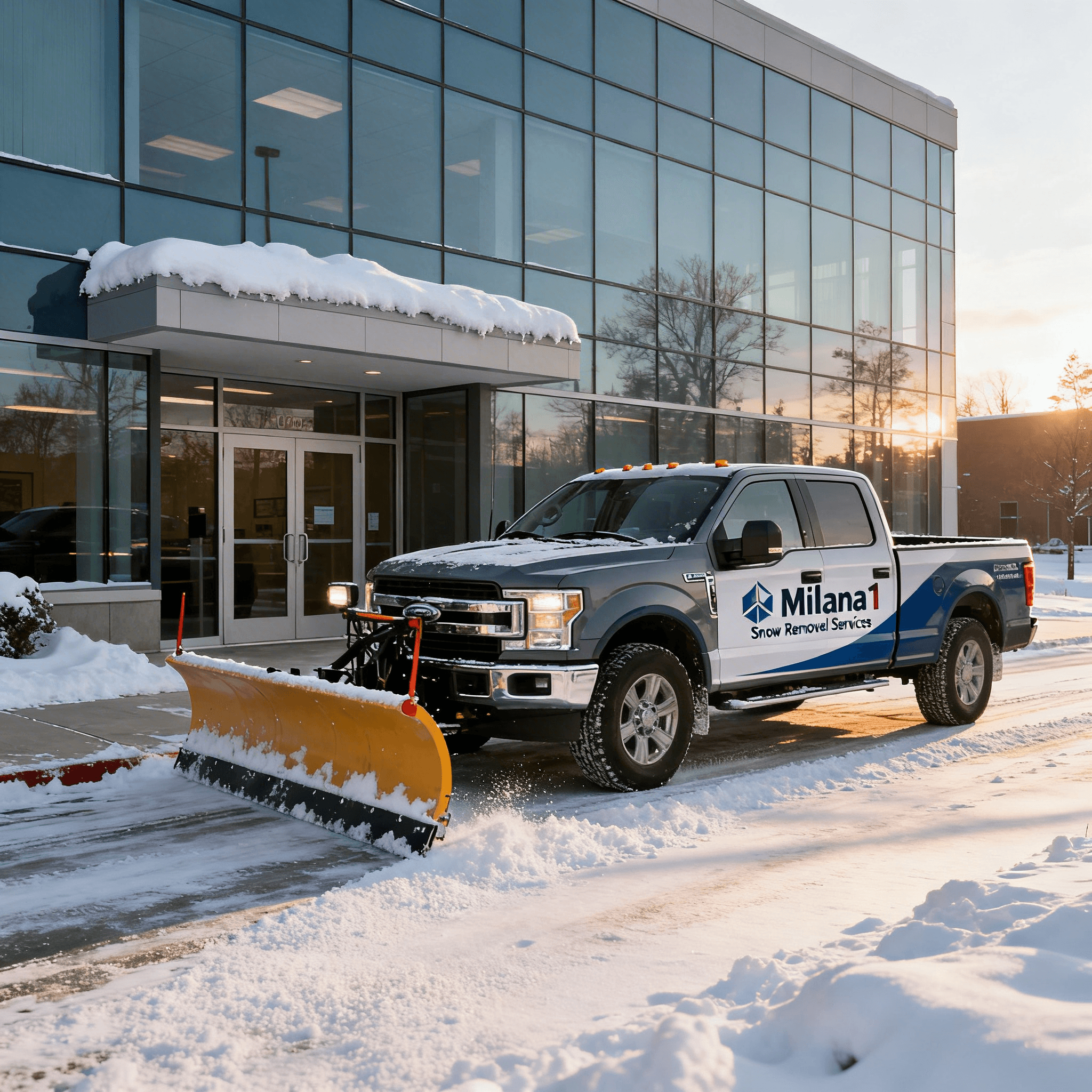 Milana1 snow removal truck plowing snow in front of a modern glass office building.