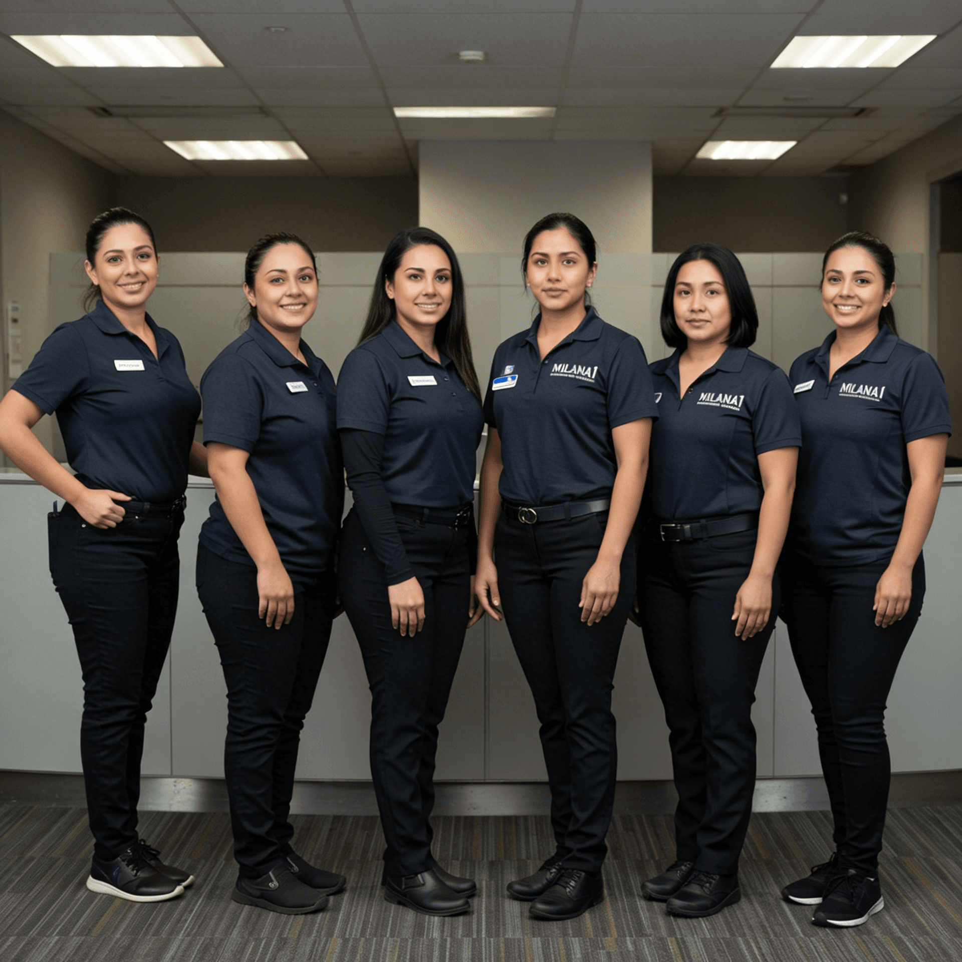 Six women in matching navy blue uniforms and black pants standing in an office lobby.